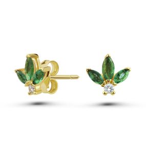 Cercei Lotus din aur de 18K cu trei smaralde marchiză și diamante