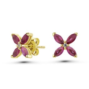 Cercei Daisy din aur de 18K cu rubine marchiză și diamante