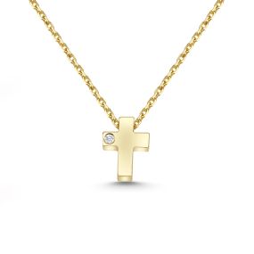Lanț cu pandantiv mini-cruce din aur de 14K cu diamant (0,005 ct)