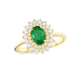 Inel din aur de 14K cu smarald oval și diamante rotunde