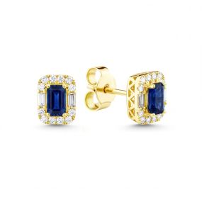 Cercei din aur de 14K cu safire cu tăietură emerald și diamante baghetă și rotunde