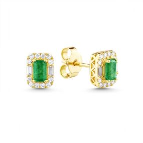 Cercei din aur de 14K cu smaralde cu tăietură emerald și diamante baghetă și rotunde