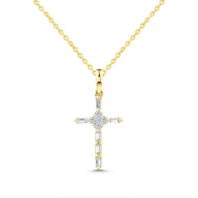 Pandantiv cruce din aur de 14K cu diamante baghetă și rotunde (0,150 ct)