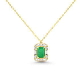 Colier din aur de 14K cu smarald cu tăietură emerald și diamante rotunde și baghetă