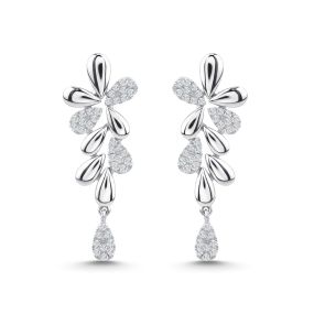 Cercei lungi cu frunze din aur alb de 18K cu diamante (0,300 ct)