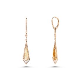 Cercei lungi din aur roz de 18K cu citrin și diamante baghetă și rotunde 