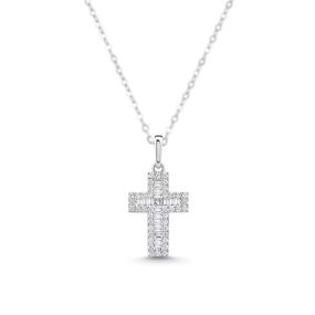 Pandantiv cruce din aur alb de 18K cu diamante baghetă și rotunde (0,220 ct)