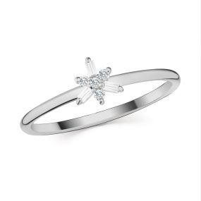 Inel în formă de floare din aur alb de 14K cu diamante baghetă și rotunde (0,06 ct)