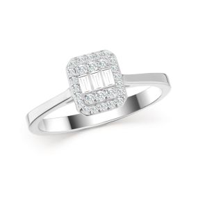 Inel din aur alb de 14K cu diamante baghetă și rotunde (0,17 ct)