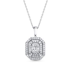 Lanț cu pandantiv din aur alb de 14K cu diamante baghetă și rotunde (0,400 ct)