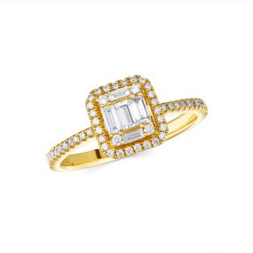 Inel din aur galben de 18K cu diamante baghetă și rotunde cu montură de tip iluzie (0,440 ct)