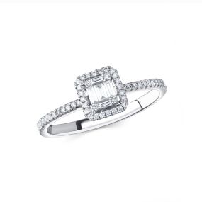 Inel din aur alb de 18K cu diamante baghetă și rotunde cu montură de tip iluzie (0,230 ct)