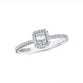 Inel din aur alb de 18K cu diamante baghetă și rotunde cu montură de tip iluzie (0,170 ct)