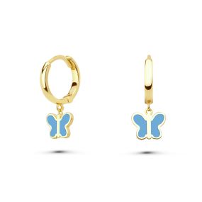 Cercei rotunzi pentru copii din aur galben de 14K cu fluture cu email