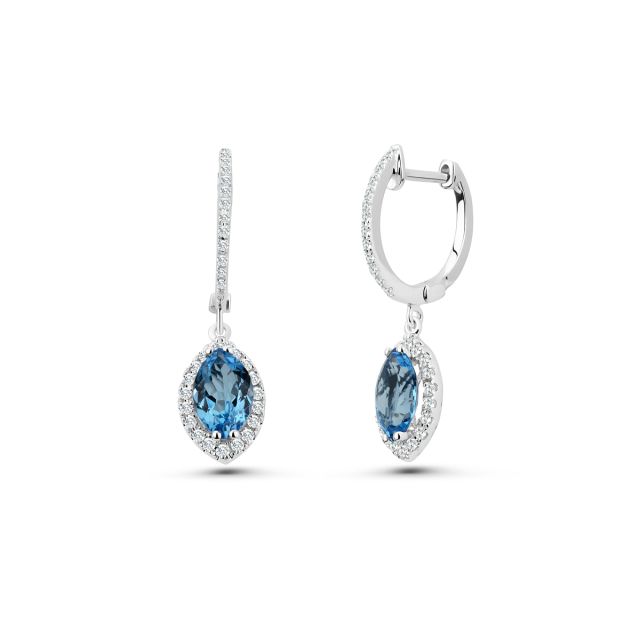 Cercei lungi din aur alb de 18K cu topaz și diamante