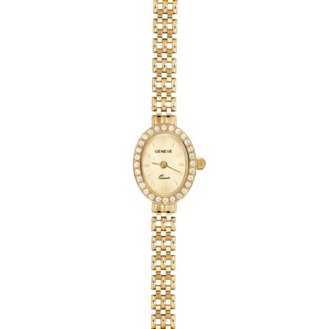 Ceas din aur galben de 14K cu cadran oval cu pietre cubic zirconia