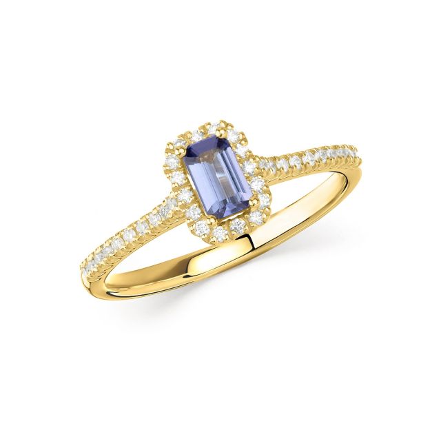 Inel Adriana din aur de 18K cu tanzanit cu tăietură emerald și diamante