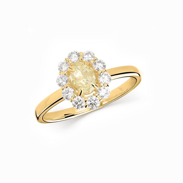 Inel floral din aur de 18K cu diamant oval fancy yellow (0,935 ct)