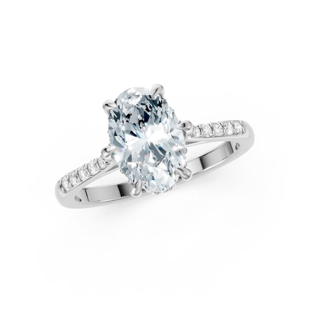 Inel din aur alb de 18K cu diamant oval creat în laborator și diamante rotunde ascunse create în laborator (1,672 ct, Certificat IGI)