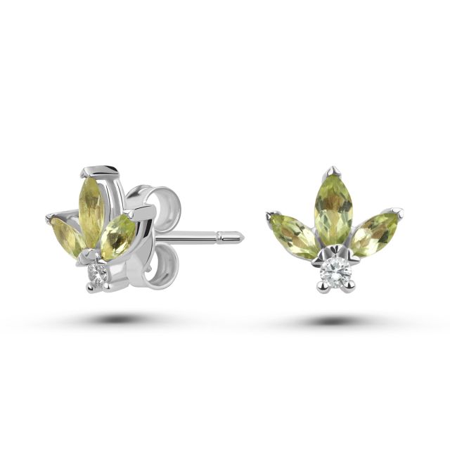 Cercei Lotus din aur galben de 18K cu trei peridote marchiză și diamante