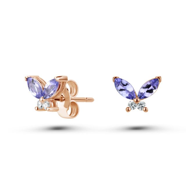 Cercei fluture Morpho din aur de 18K cu trei tanzanite marchiză și diamante