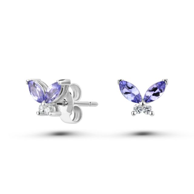 Cercei fluture Morpho din aur de 18K cu trei tanzanite marchiză și diamante