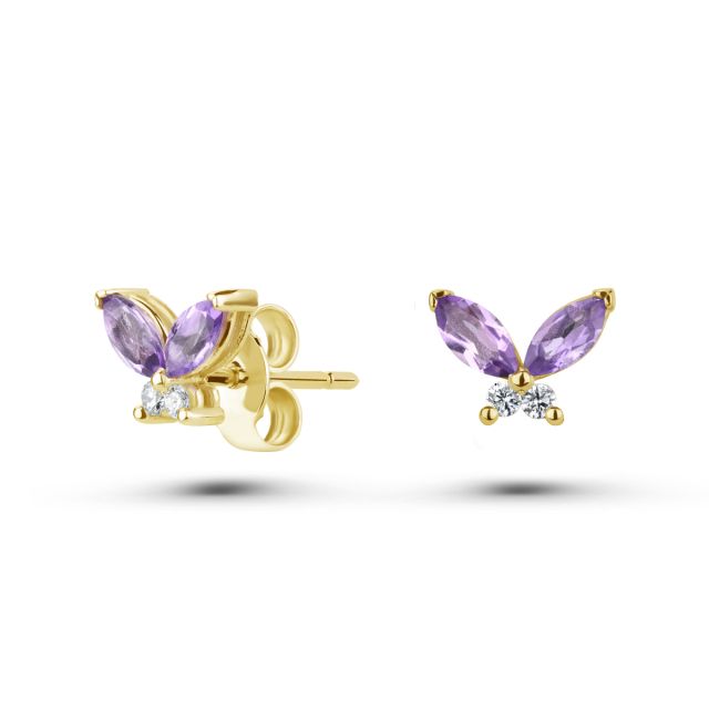 Cercei fluture Morpho din aur de 18K cu trei ametiste marchiză și diamante