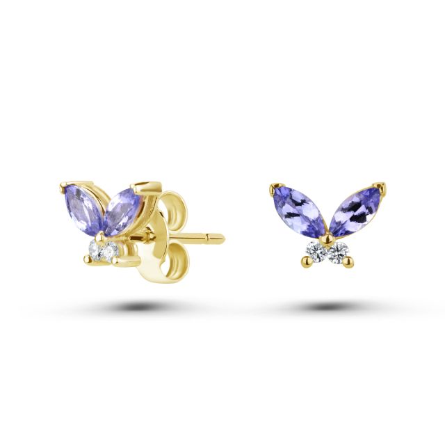 Cercei fluture Morpho din aur de 18K cu trei tanzanite marchiză și diamante