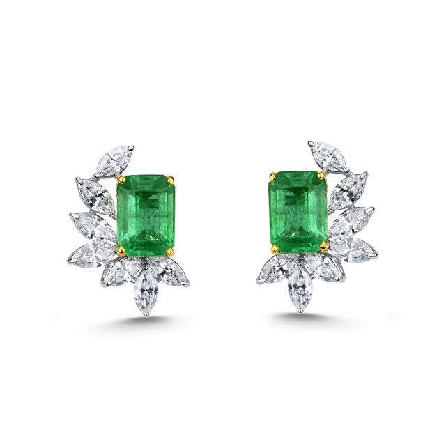 Cercei din aur alb și galben de 18K cu smaralde cu tăietură emerald și diamante marchiză