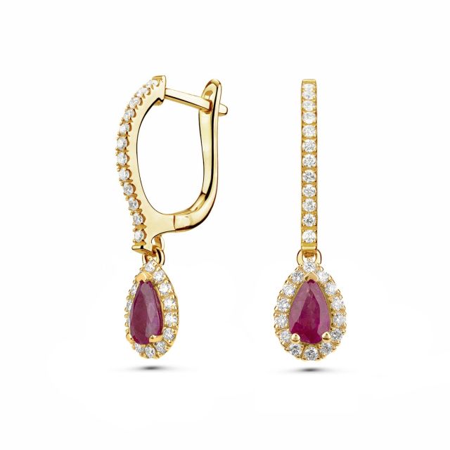 Cercei lungi Selena din aur de 18K cu rubine lacrimă și diamante