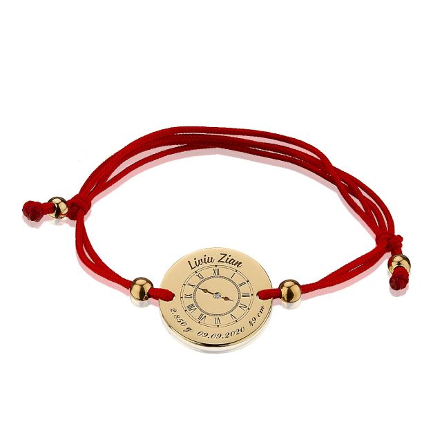 Brățară personalizată cu șnur Baby Birth pentru copii din aur de 14K cu diamant și gravură (0,005 ct)