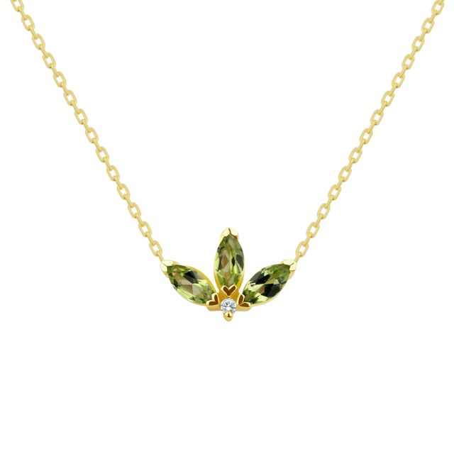 Colier Peony din aur de 18K cu trei peridote marchiză și diamant