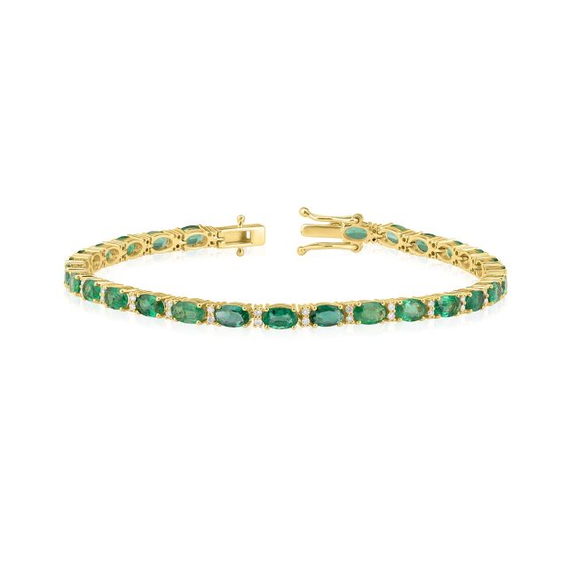 Brățară tennis din aur galben de 18K cu smaralde ovale și diamante