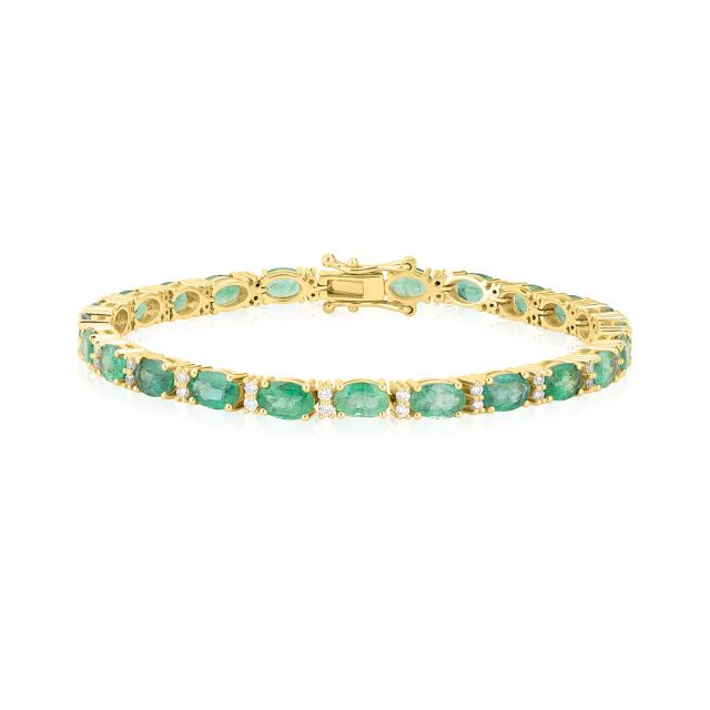 Brățară tennis din aur galben de 18K cu smaralde ovale și diamante