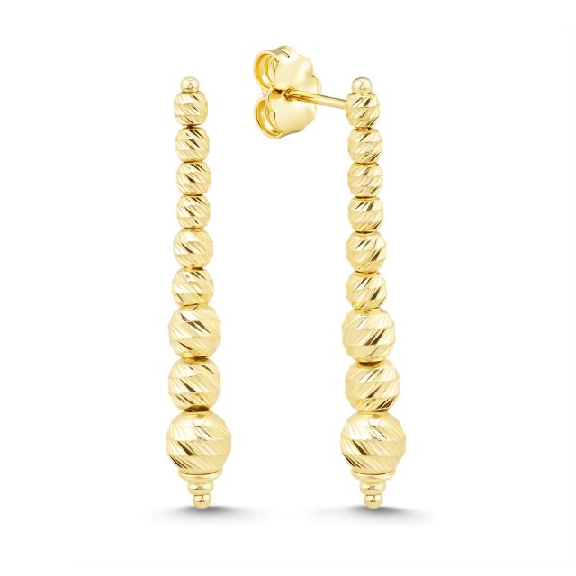 Cercei lungi cu bile diamantate din aur galben de 14K