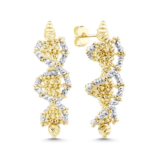 Cercei răsuciți cu bile diamantate din aur galben și alb de 14K