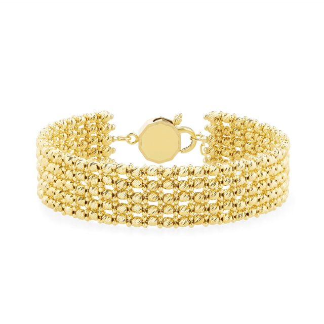 Brățară flexibilă cu cinci rânduri de bile diamantate din aur galben de 14K