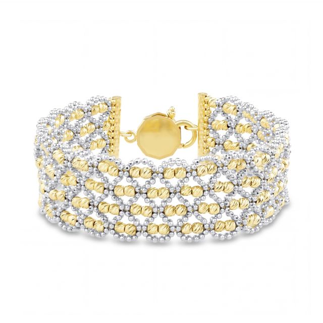Brățară lată filigranata cu bile diamantate din aur galben și alb de 14K