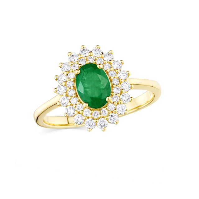 Inel din aur de 14K cu smarald oval și diamante rotunde