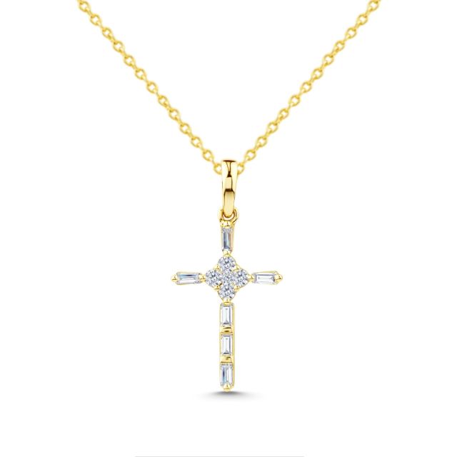 Pandantiv cruce din aur de 14K cu diamante baghetă și rotunde (0,150 ct)