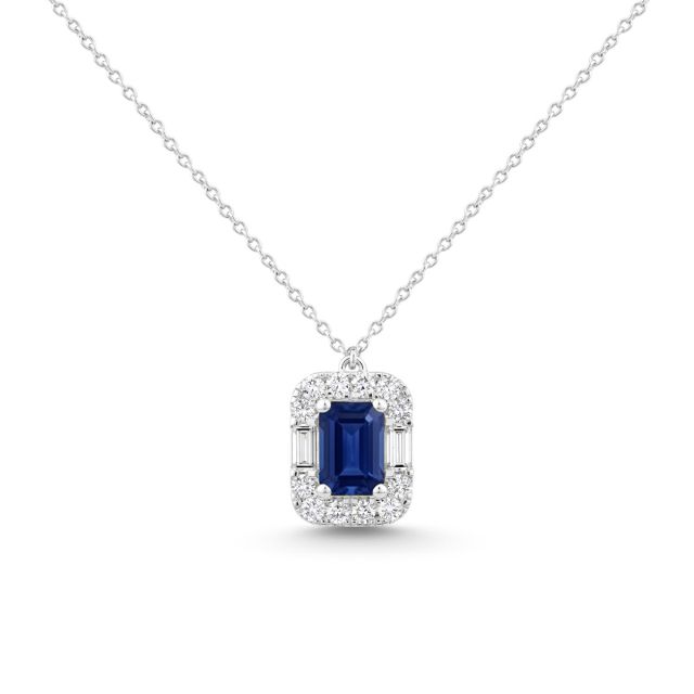 Colier din aur de 14K cu safir cu tăietură emerald și diamante rotunde și baghetă