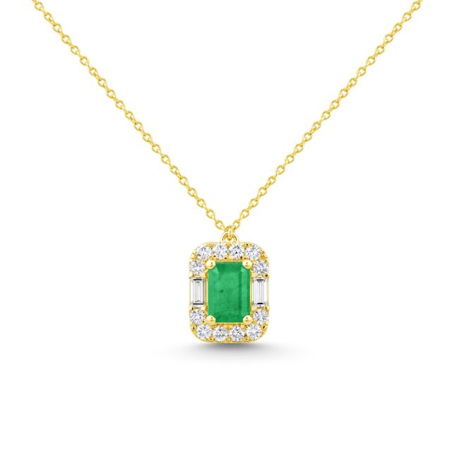 Colier din aur de 14K cu smarald cu tăietură emerald și diamante rotunde și baghetă