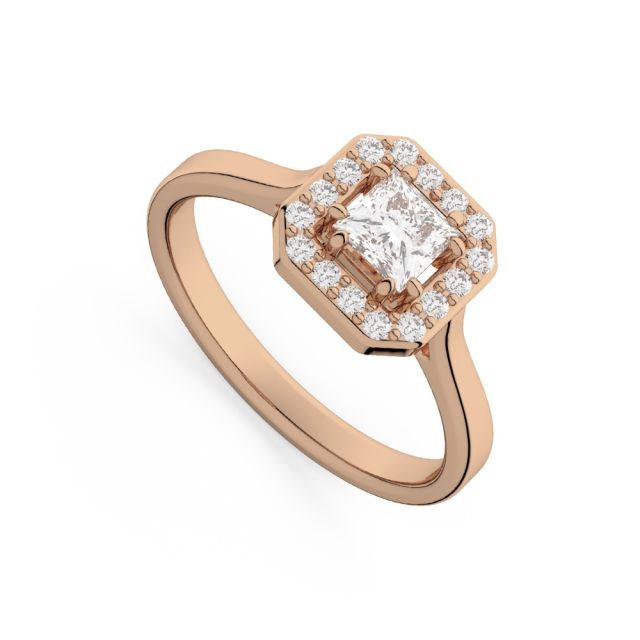 Inel de logodnă DR406 din aur roz de 18K cu diamant cu tăietură princess și diamante rotunde (0,271 ct)