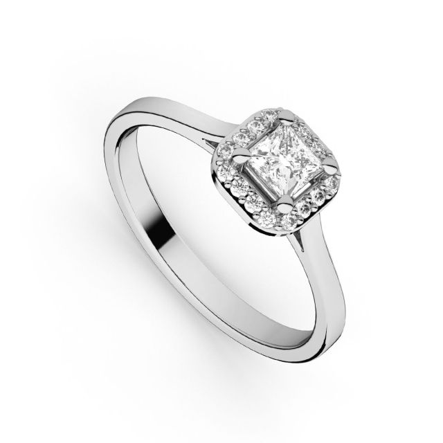 Inel de logodnă DR407 din aur alb de 18K cu diamant cu tăietură princess și diamante rotunde (0,590 ct, Certificat GIA)
