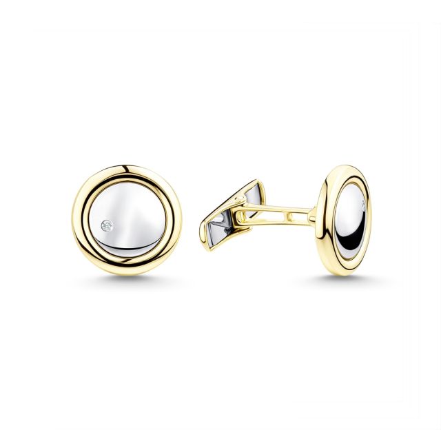 Butoni rotunzi din aur galben și alb de 14K cu pietre cubic zirconia