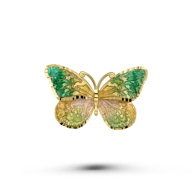 Broșă fluture din aur galben de 14K cu email verde