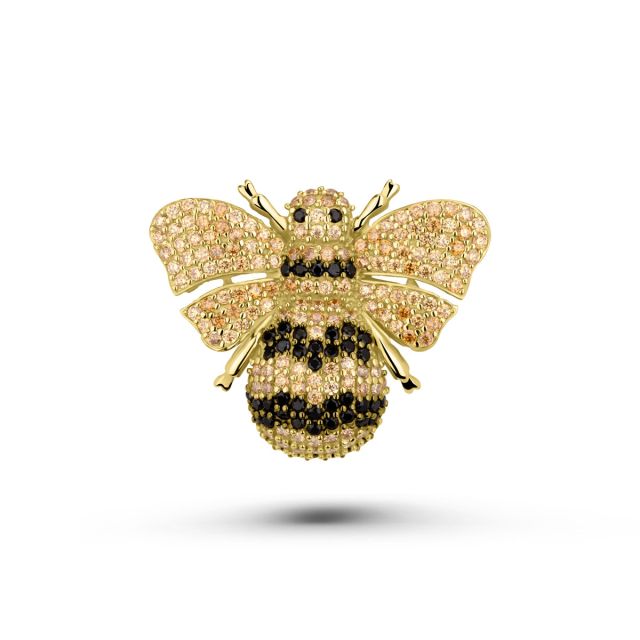 Broșă albină din aur galben de 14K cu pietre cubic zirconia portocalii și negre