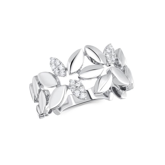 Inel cu frunze din aur alb de 18K cu diamante (0,090 ct)