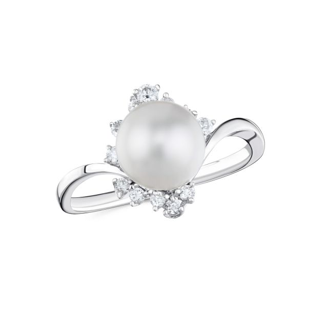 Inel din aur alb de 18K cu perlă și diamante