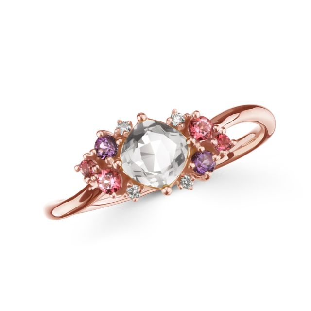Inel din aur roz de 18K cu cuarț cu tăietură cushion și ametiste, topaze roz și diamante rotunde